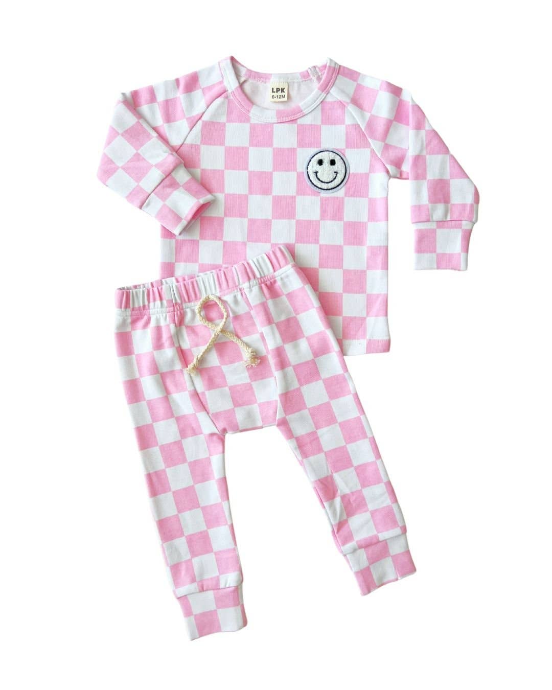 Lucky Panda Kids - Checkered Smiley Lounge Set | Pink
