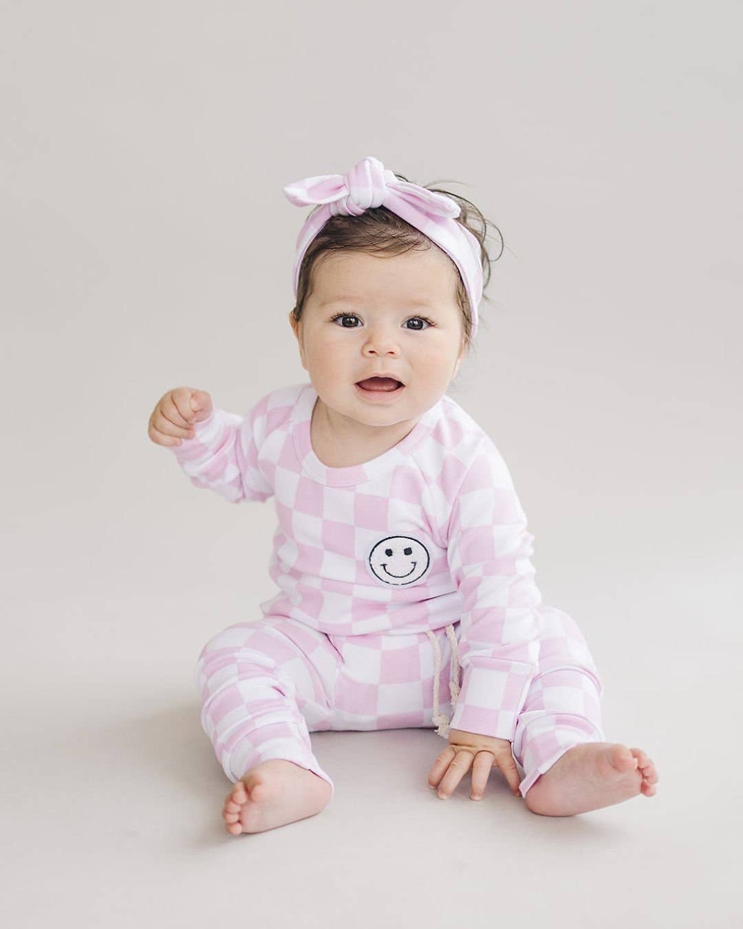 Lucky Panda Kids - Checkered Smiley Lounge Set | Pink